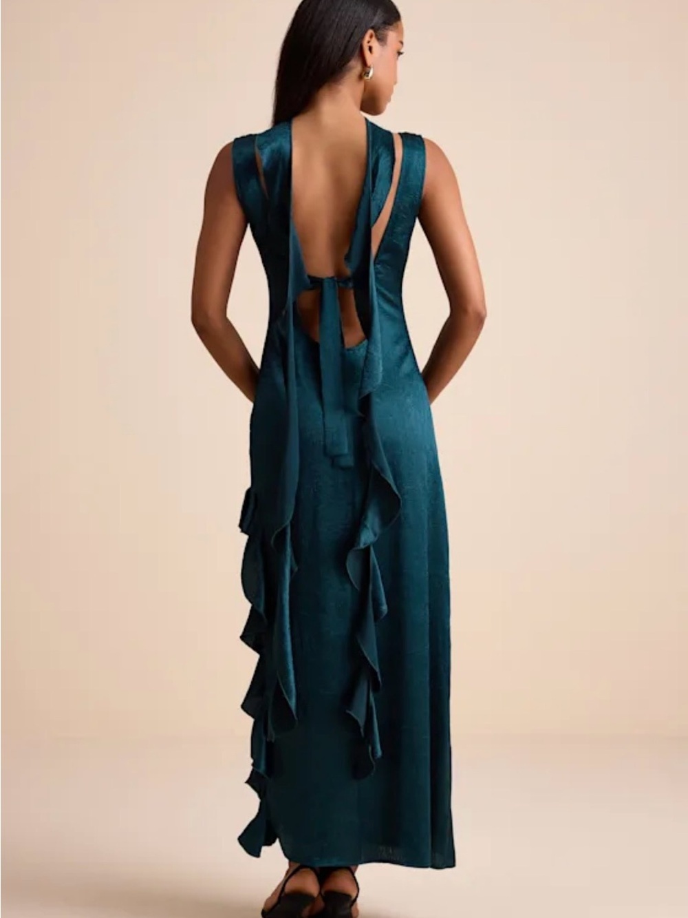 Lulu's Teal Ruffle-Trim Maxi Dress with Long Scarf Tie - Picture 3 of 8